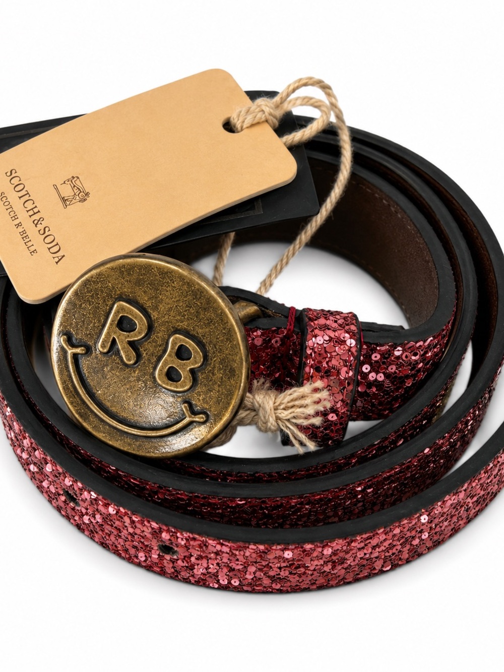Scotch & Soda Red Sequin Belt with Brass RB Smile Buckle